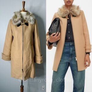 ZARA MANTECO Wool Blend Tan Camel Coat with Toggle and Removable Faux Fur Collar